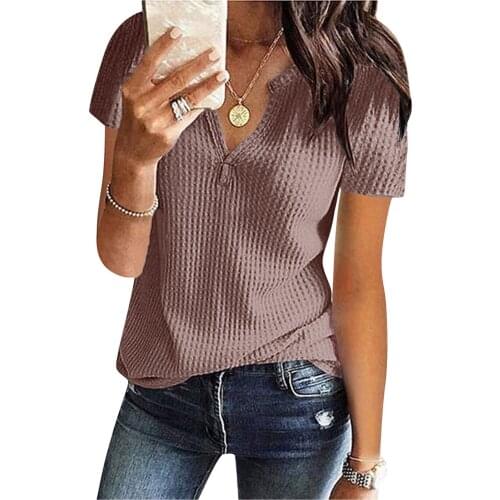 Womens Summer Blouses Fashion Knit Short Sleeve Tunic Shirt Top V-neck Loose Shirts Female Clothes Blusas Tallas Grandes