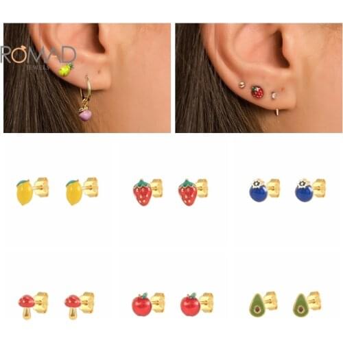 ROMAD Exquisite Mini Mushroom Avocado Apple Strawberry Earrings 925 Sterling Silver Stud Earrings For Women Piercing Jewelry