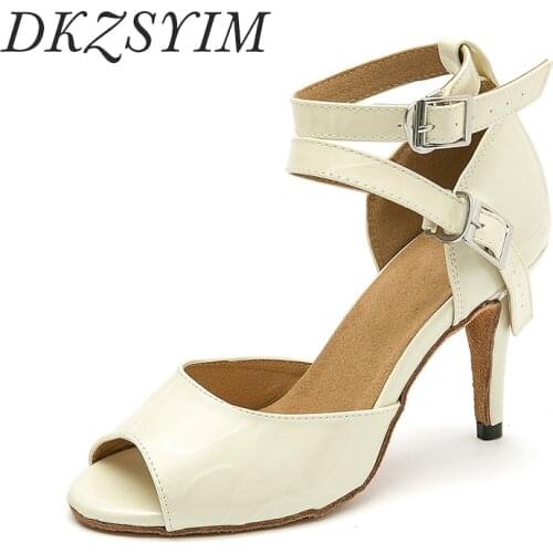 DKZSYIM Red Latin Dance Shoes Women Ballroom PU Samba/Salsa Dancing Shoes Double Buckles Wedding Dance Sandals Spike Heels 10CM