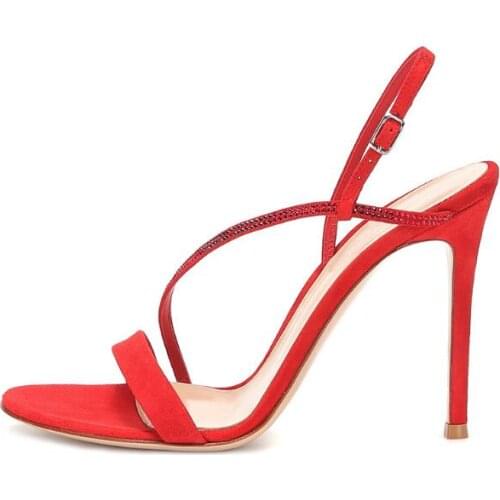 Dipsloot Woman Red Black Suede Bling Bling Rhinestone Summer Sandals Female Stiletto Heels Cross Ankle Strap Wedding Shoes