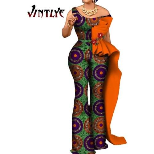 Bazin Riche African Print Jumpsuit for Women Patchwork Strap Collar Jumpsuit Plus Size Traditional African Women Clothing WY7871