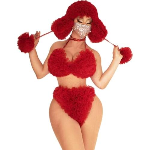 Sexy Red White Mesh Halter Bikini Sets With Hat Women Nightclub Party Bra + Shorts Stage Outfit Sets Pole Dance Performance Wear