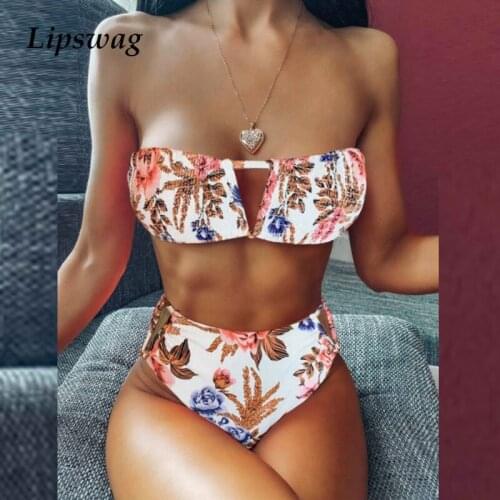 Sexy Print High Waist Two Piece Swimsuit 2021 Women Push Up Tube Top Bandage Bikini Set Hollow Swimwear Beachwear Bathing Suit L