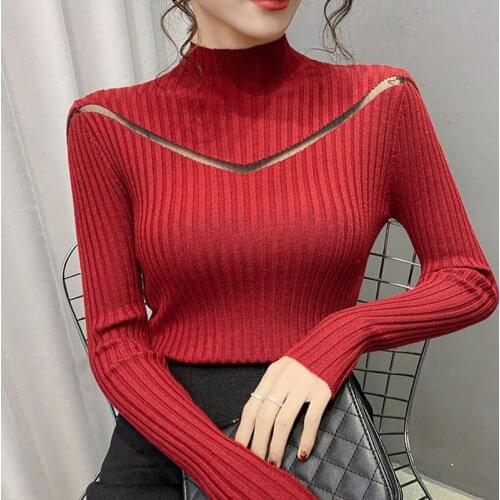 Half Turtleneck Knitted Tops Mesh Hollow Out Patchwork Knit Pullover Women Elastic Sweaters Ladies Base Knitwear Spring 2021 New