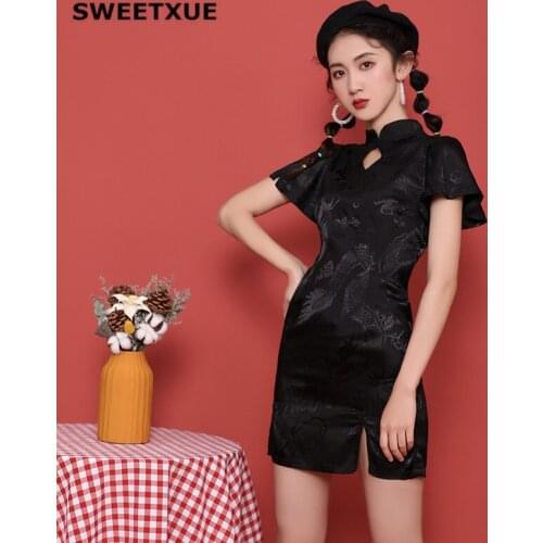 SWEETXUE Summer Black Mini Slim Dress Modern Temperament Elegant Dragon Print Cutout Short Sleeve Dresses Womens Clothing