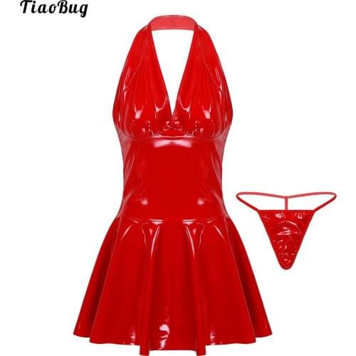 TiaoBug Women Sissy Faux Leather Pleated Dress Sexy Halter Sleeveless Backless Dress Nightclub Performance Costumes Clubwear