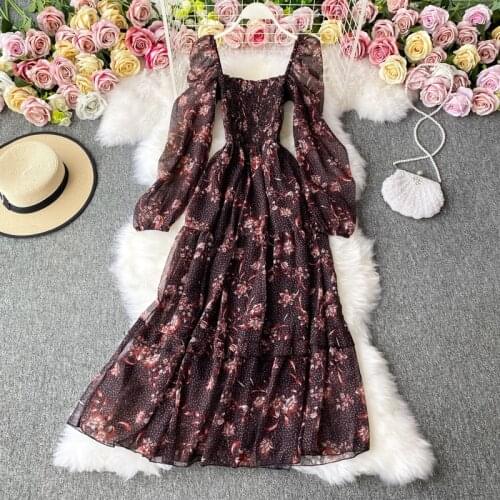 Womens Spring Summer Runway Fashion Sexy Square Collar Print Chiffon Dress Female High Waist ChicTravel Beach Dress TB1955