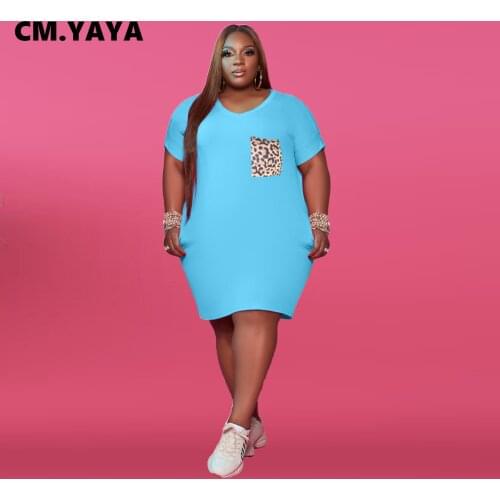 CM.YAYA Women Plus Size XL-5XL Dress Solid Short Sleeve Pullover Loose Straight Knee Length Dresses Female Casual Outfits Summer