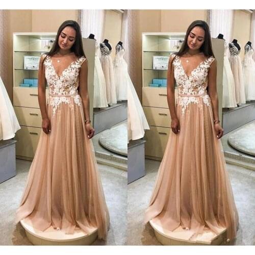 Champagne V Neck Evening Dresses 2021 robe de soiree Applique Lace Prom Dress A Line Formal Women Special Occasion Evening Gowns