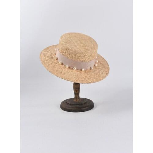 202104-2508364 summer handmade Hand woven Treasure grass pearl ribbon beach lady fedoras cap women panama jazz hat