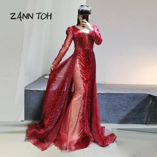 Burgundy Formal Evening Dresses Long Sexy See-through Beading Tulle Floor-Length Prom Party Gowns Plus Size