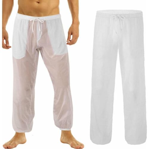 Mens Ultra-Thin Transparent Drawstring Loose Fit Trousers Long Pants Pockets Casual Clothing Sexy See Through Summer Beachwear