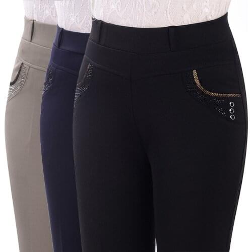 Spring Autumn Middle-Aged Women Pants High Waist Elastic Solid Pants Loose Straight Pocket Thin Pants Casual Trousers Ladies