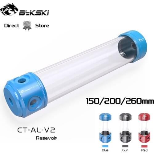 Bykski Cylindrical Reservoir 150/200/260mm Length Acrylic Water Tank Aluminum Cover Transperant 3 Outlets Water Cooler CT-AL-V2