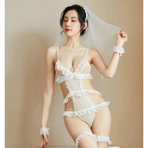 Erotic Cosplay Costume Lace Open Crotch Bodysuit Sexy Women White Bride Wedding Dress Porno Lingerie Perspectivity Bride Uniform