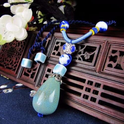 Ethnic Blue/Green Color Long Necklace Water Drop Ceramic Pendant Necklaces for Women Sweater Fashion Jewelry Accessories YNC110