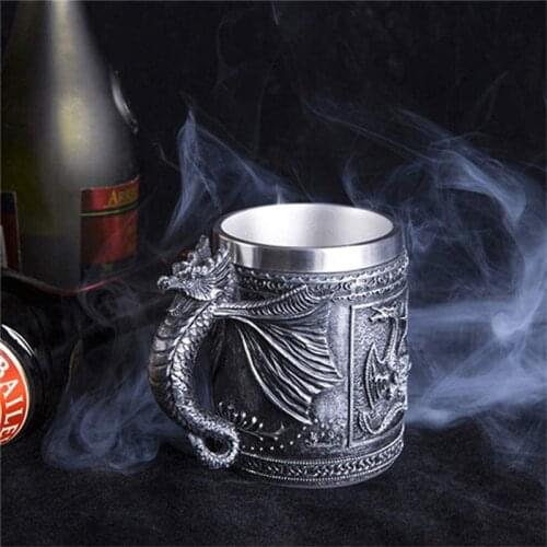 Retro Dragon Resin Stainless Steel Beer Mug Skull Knight Tankard Halloween Coffee Cup Creative Viking Tea Mug Pub Bar Decoration