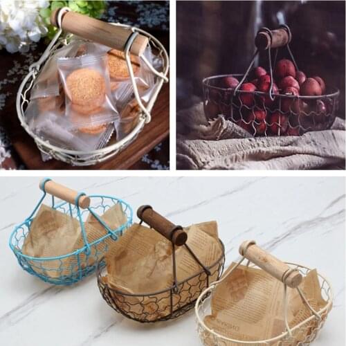 Wooden Handle Metal Retro Basket Portable Bread Vegetable Fruit Egg Serving Storage Basket with Handle Tray for Kitchen