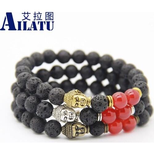 Ailatu Fashion Jewelry 8mm Energy Lava Stone Beads Religious Buddha Head Men Classic Bracelet Antique Silver Color and Bronze