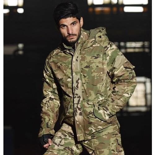 HAN WILD Autumn Winter Men Outdoor Jackets Camouflage Hooded Combat Jacket Army Tactical Coats Waterproof Windproof Windbreakers