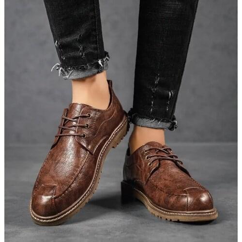 Spring Autumn Mens Leather Round Head Lace Up Casual Leather Shoes Comfortable Non Slip Wear-Resistant Tooling Shoes Size 38-44