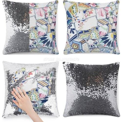 Gaudi Park Guell Mosaic Sequin Pillowcase Magical Cushions Cover 40X40cm Mermaid Spain Gaudi Park Guell Mosaic Tile Travel Study