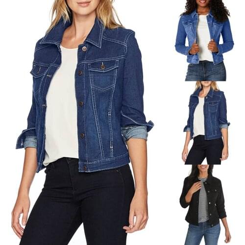 New Womens Basic Button Down Denim Jean Jacket Long Sleeve Jacket Daily High Quality Simple Denim Jacket Jaqueta Feminina 2021