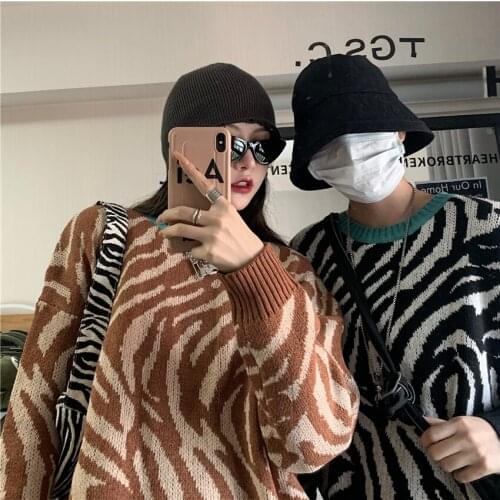 Autumn and winter new style Japanese zebra pattern retro pullover lazy style loose knit sweater women
