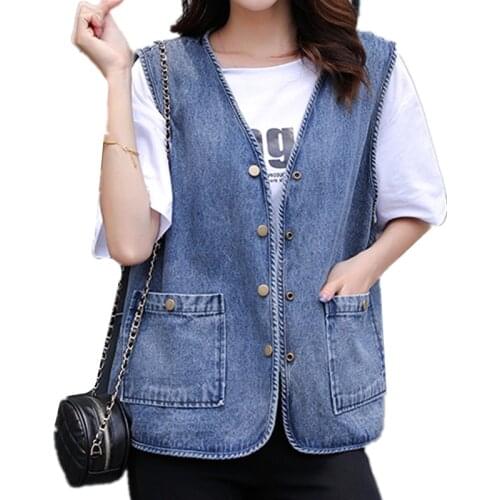 Plus size Single-breasted Women Denim Vest Casual Sleeveless Waistcoat Female Vest Spring Autumn New High Quality Vests Top A403