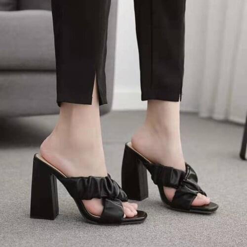WEIBATE Leather Braided High Heel Sandals Women Party Shoes Woman Cross Wove Folds Mules Shoes Sexy Square Heel Slippers Woman