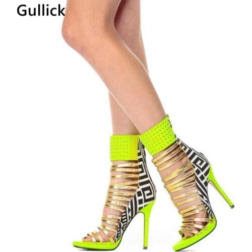 Gullick Mixed Colors Sexy Peep Toe Woman Boots Sandal Front Golden Strappys Hollow Out Ankle Rivets Sandals 12 CM High Heels
