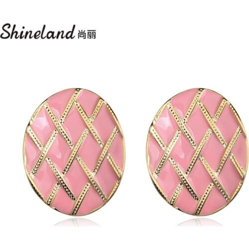 Shineland 2021 New Simple Vintage Enamel Geometric Stud Earrings For Women Fashion Oval Carved Boucle d'oreille Femme Brincos