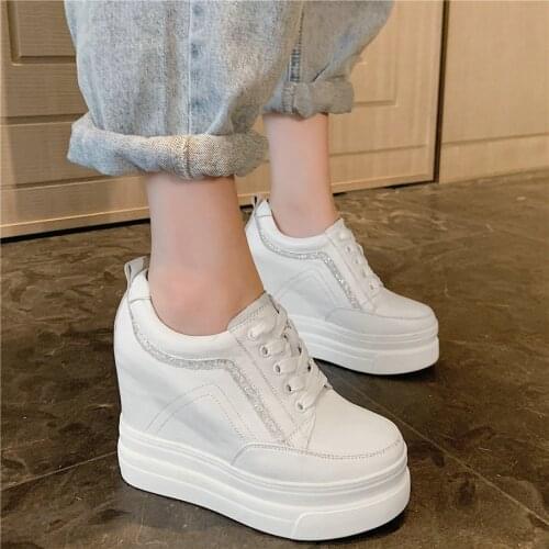 Lace Up Platform Oxfords Shoe Women Cow Leather Wedges High Heel Vulcanized Shoes Female Round Toe Fashion Sneakers Casual Shoes