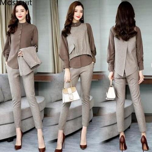 Spring Office 3 Piece Sets Women Long Sleeve Blouse+vest+pants Sets Suits Casual Korean Elegant Ladies Womens Sets Femme 2019