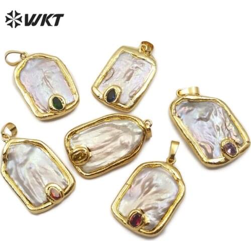 WT-JP156 WKT Natural Pearl And Color Stone Rectangle Shape Gold Electroplated Pendant Women Fashion Necklace Pendant Jewelry