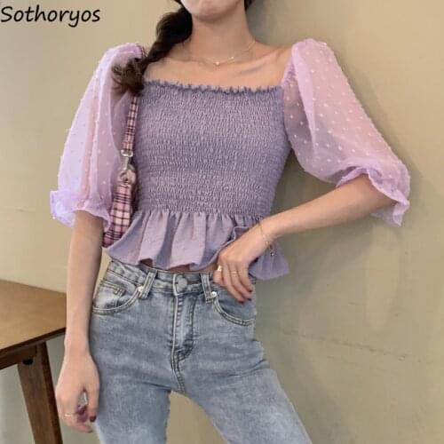 Women Blouses Elegant Summer Chiffon See-through Half Sleeve Fashion Slim Square Collar Sweet Street Wear Leisure Pleated New