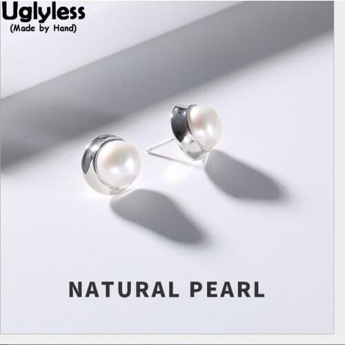 Uglyless Elegant Natural Freshwater Pearls Stud Earrings for Women Elegant Wedding Dress Studs Real Solid 925 Silver Fine Jewel