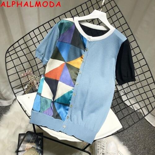 ALPHALMODA 2020 Summer Geometric Printed Satin Patched Knitted Cardigan Vintage Sleeved Pullover Women Fashion Outfit