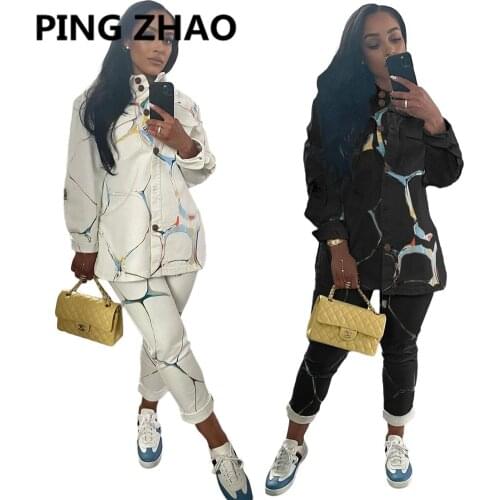 PING ZHAO Women Two Piece Set Print Shirt Collar Long Sleeves Single Breasted Coat +long Straight Pants Outfits Autumn Tracksu