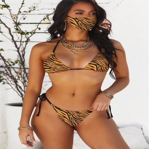 Womens split snakeskin print sexy three-piece bikini mouth cover swimsuit with straps bandage bikini RYF14