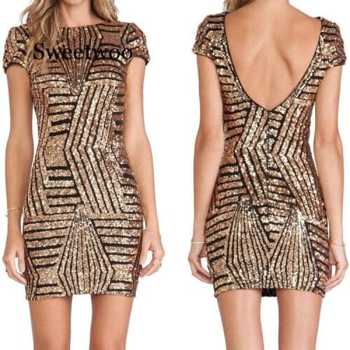 Sweetwoo Sequin Mini Dress Short Sleeve Sexy Women Summer Dress Slim Backless Party Club Dress vestidos