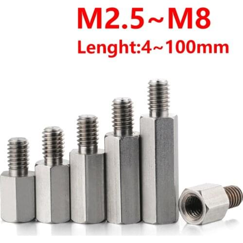 304Stainless Steel Hex Male Female Standoff Stud Board Threaded Pillar Screw Motherboard Hexagon Spacer Bolt M2.5 M3 M4 M5 M6 M8