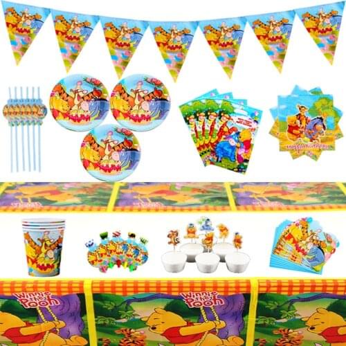 34pcs/lot Disney Winnie the pooh Theme birthday Party decorations Disposable Tableware Set Plates Napkins Cups Tablecloth for Ki