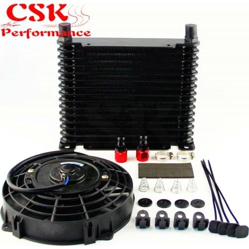 8-AN 32mm Aluminum15 Row Engine/Transmission Racing Oil Cooler +7" Electric Fan w/ Fitting Black