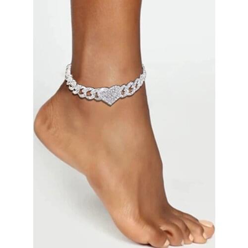 Stonefans Hip Hop Rhinestone Heart Cuban Chain Anklet for Women Fashion Crystal Ice Out Cuban Foot Bracelet Punk Jewelry Gift