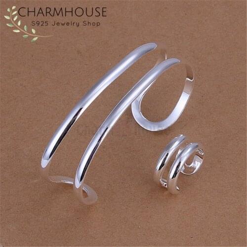 Charmhouse Silver 925 Jewelry Sets For Women Double Lines Cuff Bangle Bracelet + Finger Ring 2PCS Set Wedding Bridal Jewelry