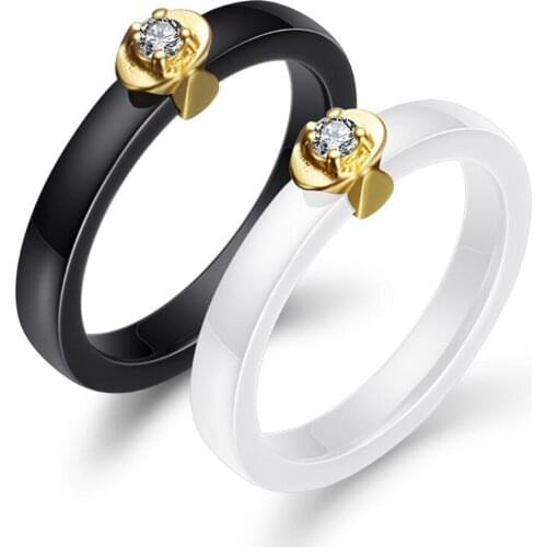 Stainless Steel Black Crystal Ceramics Black White Women Rings Circle Jewelry Zircon Stone Ring Gift For Him Size 6-10