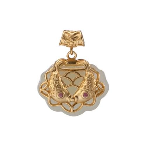 S925 sterling silver gold plated Hotian jade pendant Chinese style double fish carp Ruyi longevity lock necklace pendant