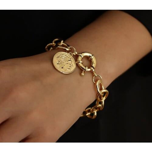 Flashbuy Trendy Gold Color Portrait Coin Charm Bracelets for Women Metal Chunky Thick Chain Bracelet Women Jewelry Pulsera