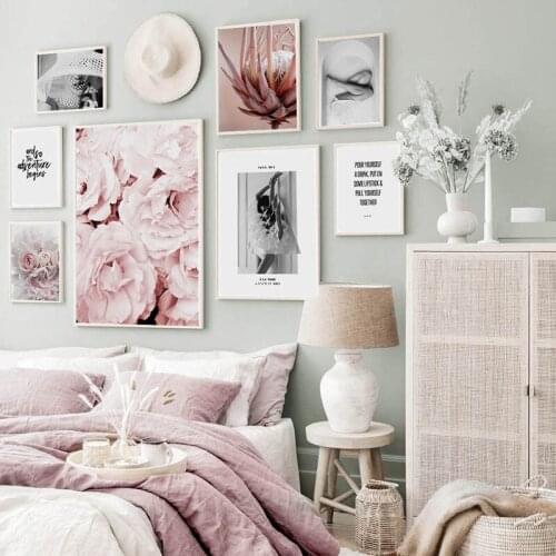 Fashion Pink Flowers Poster Quotes And Classic Black White Photo Wall Art Print Nordic Canvas Painting Living Room Decoration